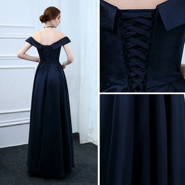 Modest / Simple Navy Blue Evening Dresses 2017 A-Line / Princess Off-The-Shoulder Short Sleeve Floor-Length / Long Ruffle Backless Formal Dresses