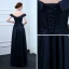 Modest / Simple Navy Blue Evening Dresses  2017 A-Line / Princess Off-The-Shoulder Short Sleeve Floor-Length / Long Ruffle Backless Formal Dresses