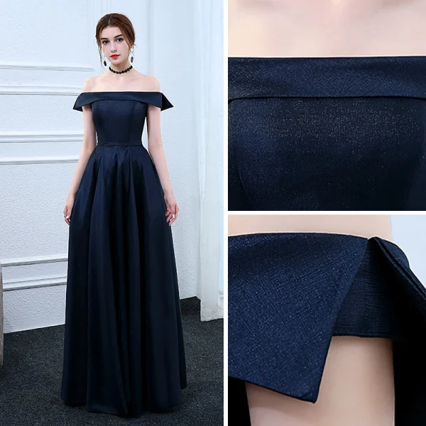 Modest / Simple Navy Blue Evening Dresses 2017 A-Line / Princess Off-The-Shoulder Short Sleeve Floor-Length / Long Ruffle Backless Formal Dresses
