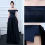 Modest / Simple Navy Blue Evening Dresses  2017 A-Line / Princess Off-The-Shoulder Short Sleeve Floor-Length / Long Ruffle Backless Formal Dresses