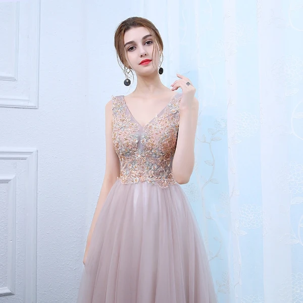 Chic / Beautiful Lavender Pearl Pink Evening Dresses 2017 A-Line / Princess V-Neck Sleeveless Appliques Flower Crystal Floor-Length / Long Ruffle Backless Formal Dresses