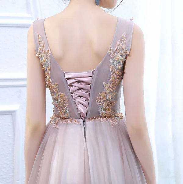 Chic / Beautiful Lavender Pearl Pink Evening Dresses 2017 A-Line / Princess V-Neck Sleeveless Appliques Flower Crystal Floor-Length / Long Ruffle Backless Formal Dresses