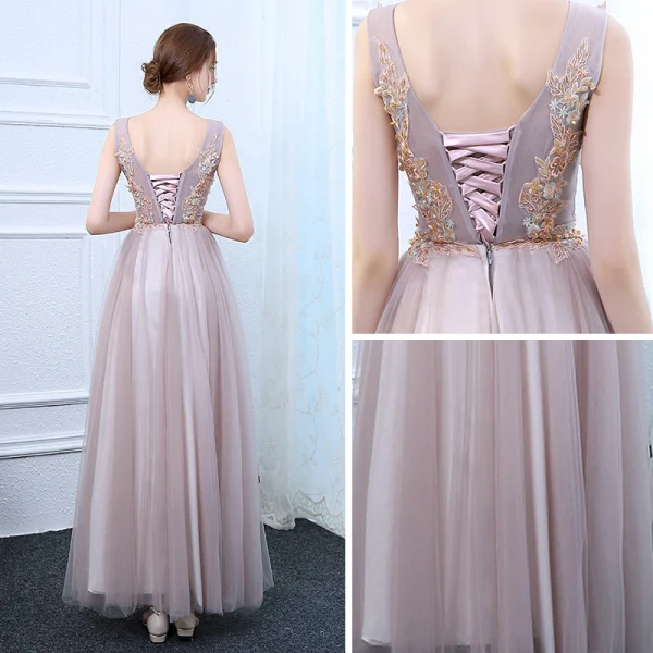 Chic / Beautiful Lavender Pearl Pink Evening Dresses 2017 A-Line / Princess V-Neck Sleeveless Appliques Flower Crystal Floor-Length / Long Ruffle Backless Formal Dresses