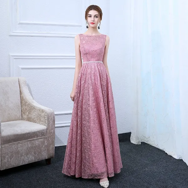 Chic / Beautiful Candy Pink Evening Dresses  2017 A-Line / Princess Square Neckline Sleeveless Crystal Sash Floor-Length / Long Ruffle Backless Formal Dresses