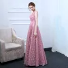 Chic / Beautiful Candy Pink Evening Dresses  2017 A-Line / Princess Square Neckline Sleeveless Crystal Sash Floor-Length / Long Ruffle Backless Formal Dresses