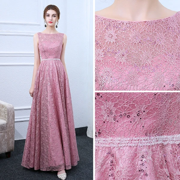 Chic / Belle Rose Bonbon Robe De Soirée 2017 Princesse Encolure Carrée Sans Manches Cristal Ceinture Longue Volants Dos Nu Robe De Ceremonie