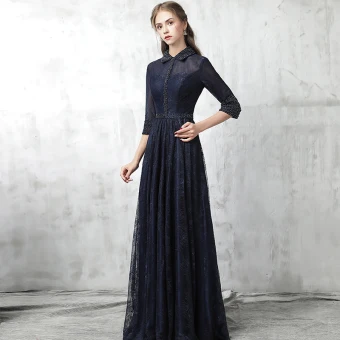 Style Chinois Bleu Marine Robe De Soirée 2017 Princesse Col Haut 3 4 Manches Perle Ceinture Longue Volants Robe De Ceremonie