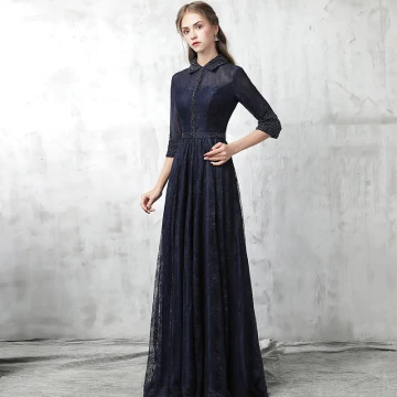 Chinese Style Navy Blue Evening Dresses 2017 A Line Princess High Neck 3 4 Sleeve Pearl Sash Floor Length Long Ruffle Formal Dresses