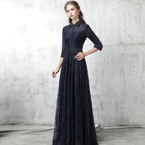 Style Chinois Bleu Marine Robe De Soirée 2017 Princesse Col Haut 3/4 Manches Perle Ceinture Longue Volants Robe De Ceremonie