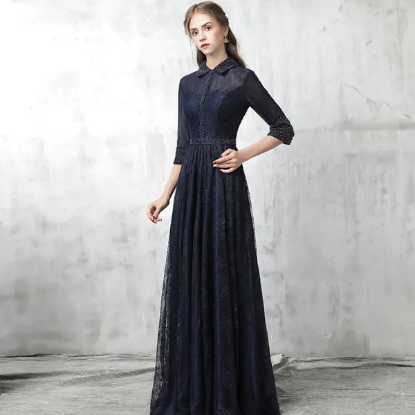 Chinese style Navy Blue Evening Dresses  2017 A-Line / Princess High Neck 3/4 Sleeve Pearl Sash Floor-Length / Long Ruffle Formal Dresses