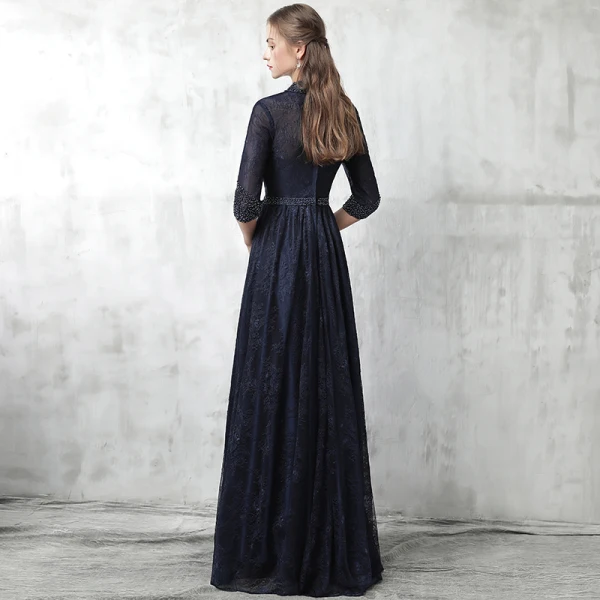 Style Chinois Bleu Marine Robe De Soirée 2017 Princesse Col Haut 3/4 Manches Perle Ceinture Longue Volants Robe De Ceremonie