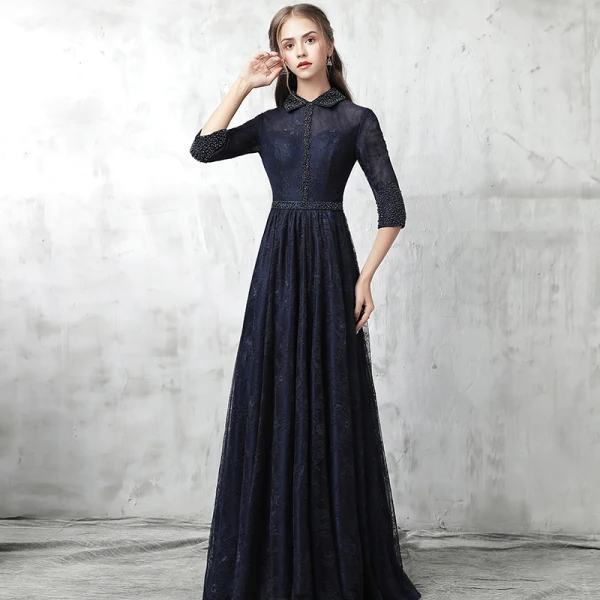 Style Chinois Bleu Marine Robe De Soirée 2017 Princesse Col Haut 3/4 Manches Perle Ceinture Longue Volants Robe De Ceremonie