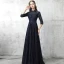 Style Chinois Bleu Marine Robe De Soirée 2017 Princesse Col Haut 3/4 Manches Perle Ceinture Longue Volants Robe De Ceremonie