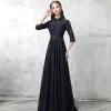 Chinese style Navy Blue Evening Dresses  2017 A-Line / Princess High Neck 3/4 Sleeve Pearl Sash Floor-Length / Long Ruffle Formal Dresses