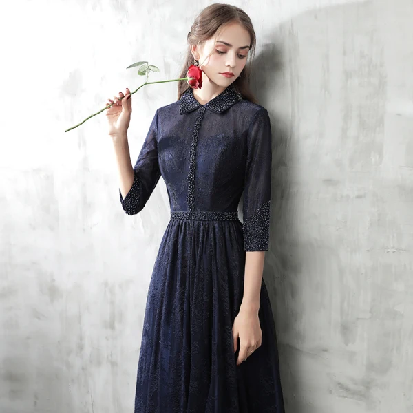 Style Chinois Bleu Marine Robe De Soirée 2017 Princesse Col Haut 3/4 Manches Perle Ceinture Longue Volants Robe De Ceremonie