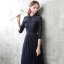 Style Chinois Bleu Marine Robe De Soirée 2017 Princesse Col Haut 3/4 Manches Perle Ceinture Longue Volants Robe De Ceremonie