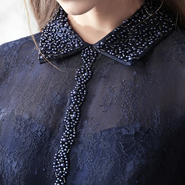 Style Chinois Bleu Marine Robe De Soirée 2017 Princesse Col Haut 3/4 Manches Perle Ceinture Longue Volants Robe De Ceremonie