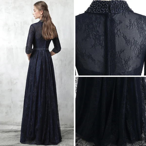 Style Chinois Bleu Marine Robe De Soirée 2017 Princesse Col Haut 3/4 Manches Perle Ceinture Longue Volants Robe De Ceremonie