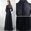 Style Chinois Bleu Marine Robe De Soirée 2017 Princesse Col Haut 3/4 Manches Perle Ceinture Longue Volants Robe De Ceremonie