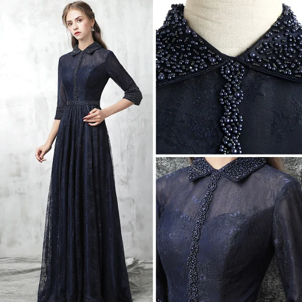 Style Chinois Bleu Marine Robe De Soirée 2017 Princesse Col Haut 3/4 Manches Perle Ceinture Longue Volants Robe De Ceremonie