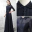 Style Chinois Bleu Marine Robe De Soirée 2017 Princesse Col Haut 3/4 Manches Perle Ceinture Longue Volants Robe De Ceremonie