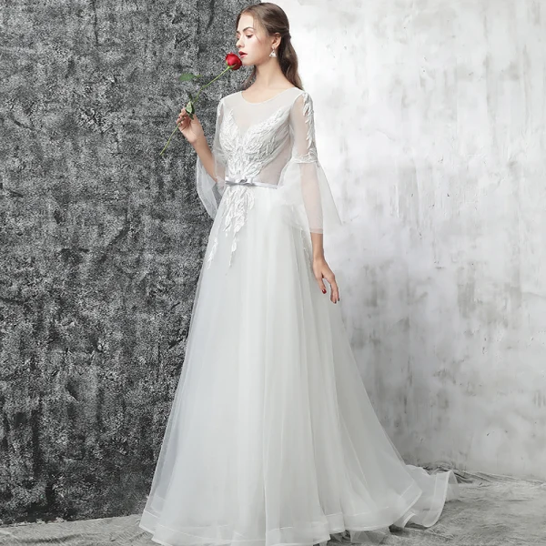 Chic / Beautiful Outdoor / Garden White Wedding Dresses 2017 A-Line / Princess Scoop Neck Long Sleeve Appliques Lace Bow Sash Court Train Backless Pierced