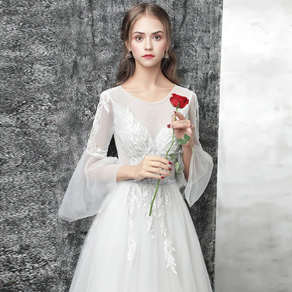 Chic / Beautiful Outdoor / Garden White Wedding Dresses 2017 A-Line / Princess Scoop Neck Long Sleeve Appliques Lace Bow Sash Court Train Backless Pierced