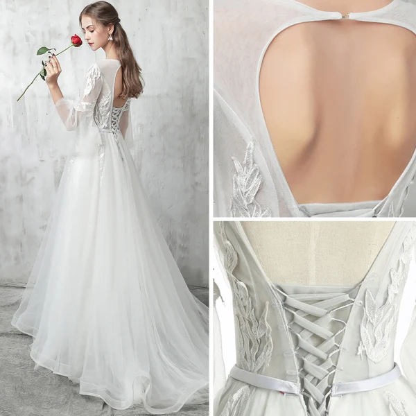 Chic / Beautiful Outdoor / Garden White Wedding Dresses 2017 A-Line / Princess Scoop Neck Long Sleeve Appliques Lace Bow Sash Court Train Backless Pierced