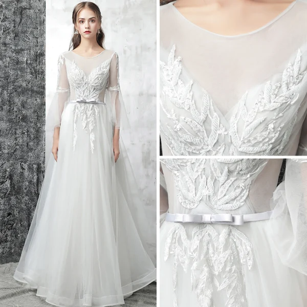 Chic / Beautiful Outdoor / Garden White Wedding Dresses 2017 A-Line / Princess Scoop Neck Long Sleeve Appliques Lace Bow Sash Court Train Backless Pierced