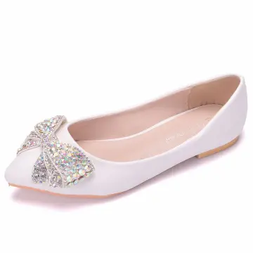 Chic Belle Blanche Promo Plat Chaussures Femmes 2022 Faux Diamant Noeud À Bout Pointu Talons Hauts