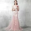 Chic / Beautiful Pearl Pink Evening Dresses  2017 Trumpet / Mermaid Pierced Scoop Neck 1/2 Sleeves Appliques Lace Court Train Backless Formal Dresses