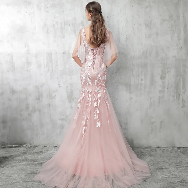 Chic / Beautiful Pearl Pink Evening Dresses 2017 Trumpet / Mermaid Pierced Scoop Neck 1/2 Sleeves Appliques Lace Court Train Backless Formal Dresses