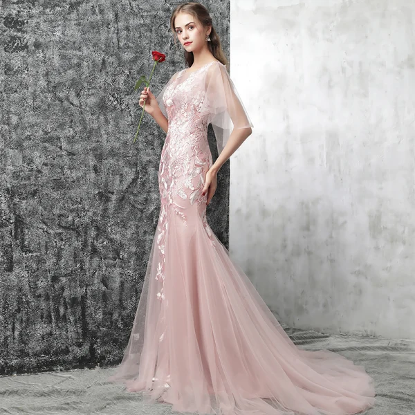 Chic / Beautiful Pearl Pink Evening Dresses 2017 Trumpet / Mermaid Pierced Scoop Neck 1/2 Sleeves Appliques Lace Court Train Backless Formal Dresses