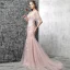 Chic / Beautiful Pearl Pink Evening Dresses  2017 Trumpet / Mermaid Pierced Scoop Neck 1/2 Sleeves Appliques Lace Court Train Backless Formal Dresses