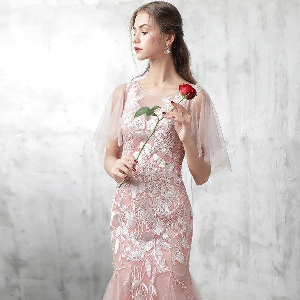 Chic / Beautiful Pearl Pink Evening Dresses 2017 Trumpet / Mermaid Pierced Scoop Neck 1/2 Sleeves Appliques Lace Court Train Backless Formal Dresses