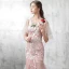 Chic / Beautiful Pearl Pink Evening Dresses  2017 Trumpet / Mermaid Pierced Scoop Neck 1/2 Sleeves Appliques Lace Court Train Backless Formal Dresses