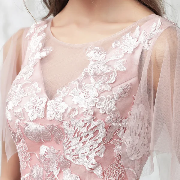 Chic / Beautiful Pearl Pink Evening Dresses 2017 Trumpet / Mermaid Pierced Scoop Neck 1/2 Sleeves Appliques Lace Court Train Backless Formal Dresses