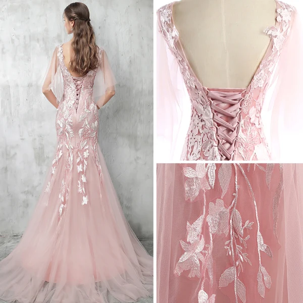 Chic / Beautiful Pearl Pink Evening Dresses 2017 Trumpet / Mermaid Pierced Scoop Neck 1/2 Sleeves Appliques Lace Court Train Backless Formal Dresses