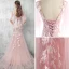 Chic / Beautiful Pearl Pink Evening Dresses  2017 Trumpet / Mermaid Pierced Scoop Neck 1/2 Sleeves Appliques Lace Court Train Backless Formal Dresses