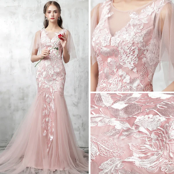 Chic / Beautiful Pearl Pink Evening Dresses 2017 Trumpet / Mermaid Pierced Scoop Neck 1/2 Sleeves Appliques Lace Court Train Backless Formal Dresses