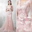 Chic / Beautiful Pearl Pink Evening Dresses  2017 Trumpet / Mermaid Pierced Scoop Neck 1/2 Sleeves Appliques Lace Court Train Backless Formal Dresses