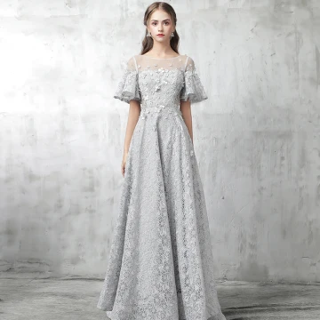 Modern Fashion Grey Evening Dresses 2017 A Line Princess Scoop Neck 1 2 Sleeves Appliques Flower Rhinestone Beading Court Train Ruffle Pierced Backless Formal Dresses