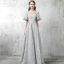 Modern / Fashion Grey Evening Dresses  2017 A-Line / Princess Scoop Neck 1/2 Sleeves Appliques Flower Rhinestone Beading Court Train Ruffle Pierced Backless Formal Dresses