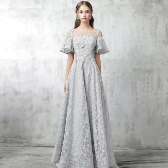 Modern Fashion Grey Evening Dresses 2017 A Line Princess Scoop Neck 1 2 Sleeves Appliques Flower Rhinestone Beading Court Train Ruffle Pierced Backless Formal Dresses