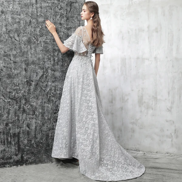 Modern / Fashion Grey Evening Dresses 2017 A-Line / Princess Scoop Neck 1/2 Sleeves Appliques Flower Rhinestone Beading Court Train Ruffle Pierced Backless Formal Dresses