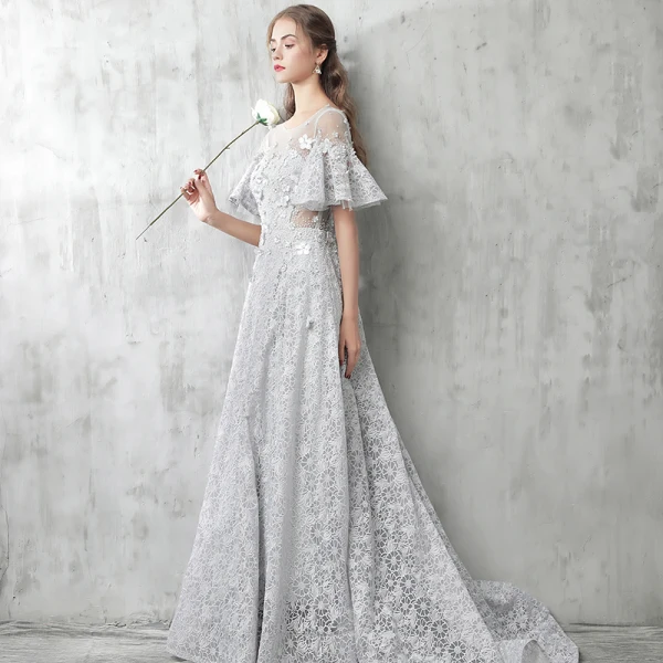 Modern / Fashion Grey Evening Dresses 2017 A-Line / Princess Scoop Neck 1/2 Sleeves Appliques Flower Rhinestone Beading Court Train Ruffle Pierced Backless Formal Dresses