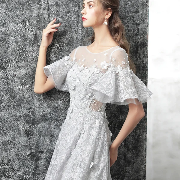 Modern / Fashion Grey Evening Dresses 2017 A-Line / Princess Scoop Neck 1/2 Sleeves Appliques Flower Rhinestone Beading Court Train Ruffle Pierced Backless Formal Dresses