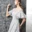 Modern / Fashion Grey Evening Dresses  2017 A-Line / Princess Scoop Neck 1/2 Sleeves Appliques Flower Rhinestone Beading Court Train Ruffle Pierced Backless Formal Dresses