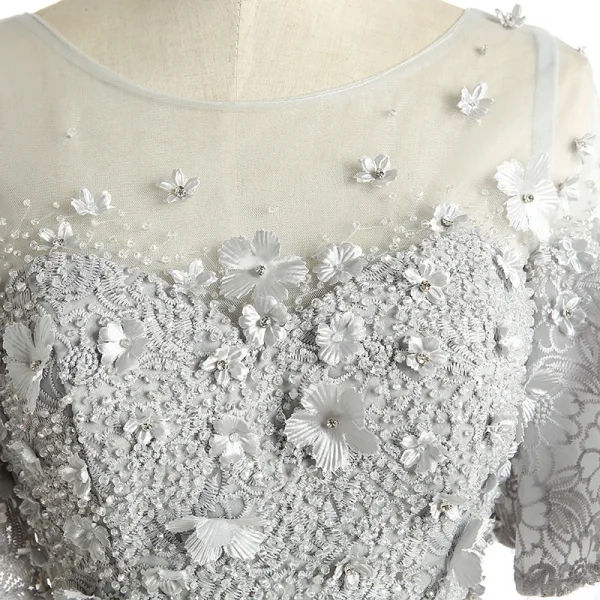 Modern / Fashion Grey Evening Dresses 2017 A-Line / Princess Scoop Neck 1/2 Sleeves Appliques Flower Rhinestone Beading Court Train Ruffle Pierced Backless Formal Dresses