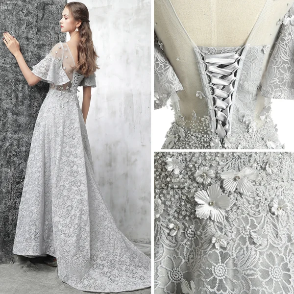 Modern / Fashion Grey Evening Dresses 2017 A-Line / Princess Scoop Neck 1/2 Sleeves Appliques Flower Rhinestone Beading Court Train Ruffle Pierced Backless Formal Dresses